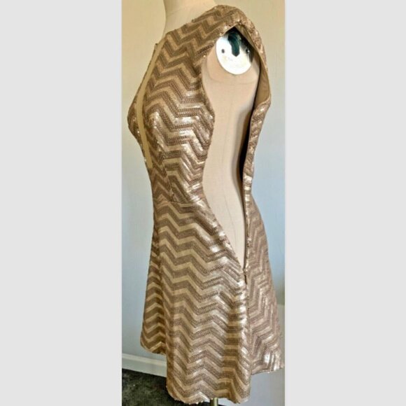 BEBE Frosty Zig-Zag Sequin Sleeveless Flare Party Dress Sz S Gold #167D - Picture 8 of 14